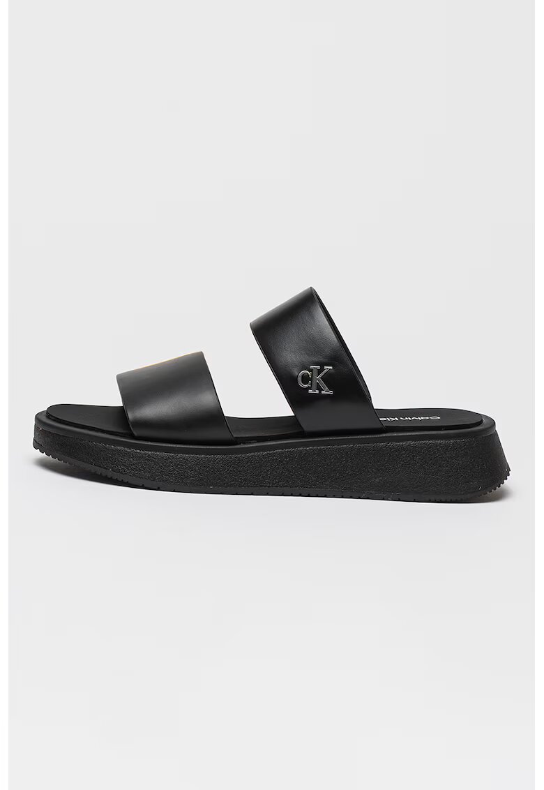 Calvin Klein Jeans Papuci din piele cu barete duble si monograma metalica - Negru