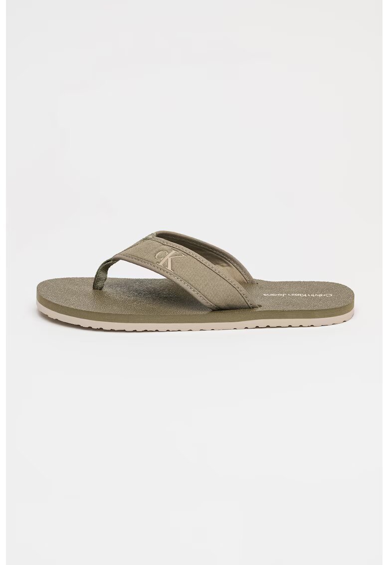 Calvin Klein Jeans Papuci flip-flop din bumbac cu talpa plata - Kaki inchis