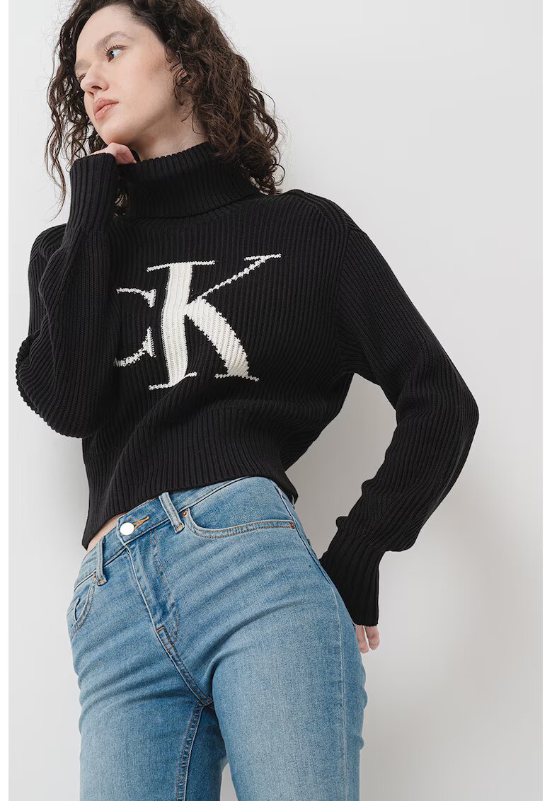 Calvin Klein Jeans Pulover crop cu imprimeu logo - Negru/Alb murdar
