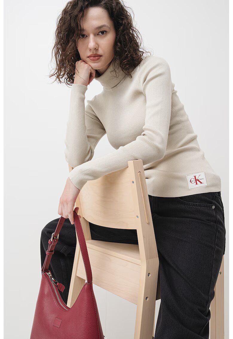 Calvin Klein Jeans Pulover cu guler inalt si aplicatie logo - Grej
