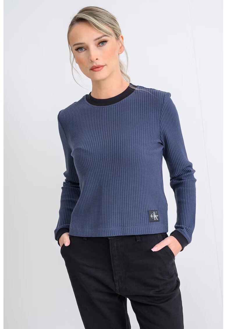 Calvin Klein Jeans Pulover striat cu decolteu la baza gatului - Albastru indigo