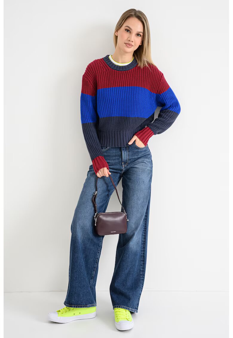 Calvin Klein Jeans Pulover tricotat cu decolteu la baza gatului - Rosu inchis/Albastru royal/Gri antracit