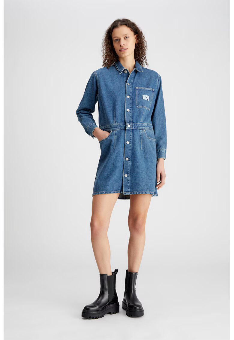 Calvin Klein Jeans Rochie de denim cu buzunar pe piept - Albastru inchis
