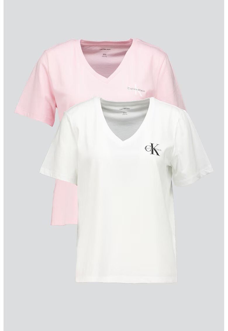 Calvin Klein Jeans Set de tricouri cu decolteu in V si logo - 2 piese - Alb/Roz