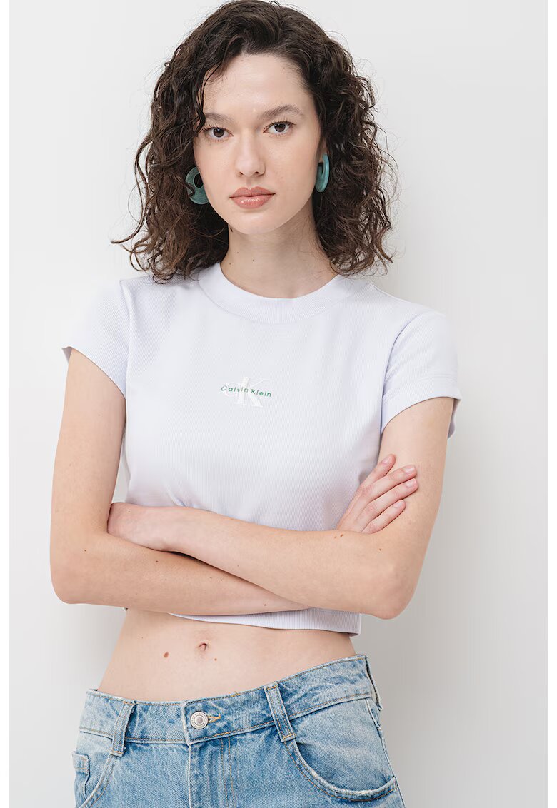 Calvin Klein Jeans Tricou crop cu aspect striat - Albastru azur