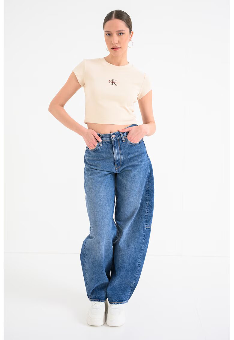 Calvin Klein Jeans Tricou crop cu aspect striat - Bej deschis