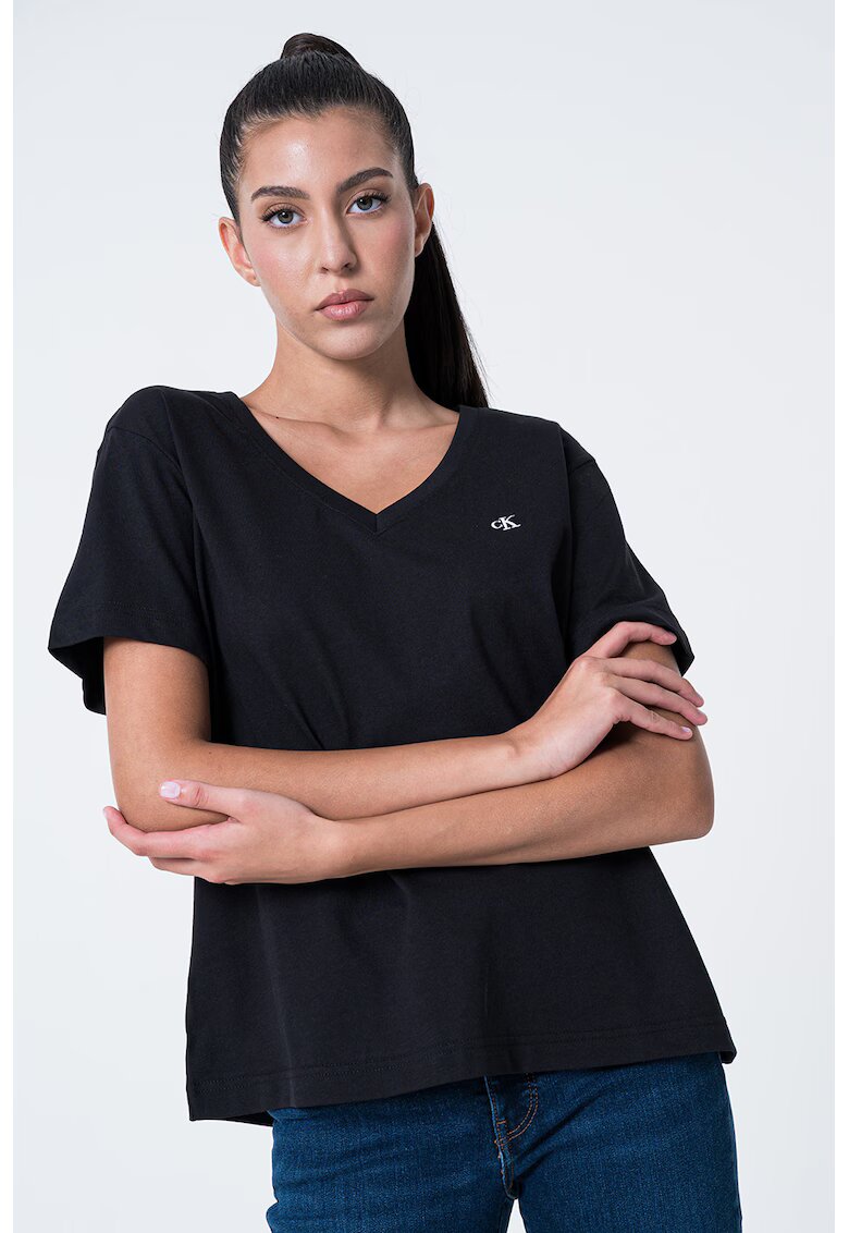 Calvin Klein Jeans Tricou cu decolteu in V si logo discret - Negru