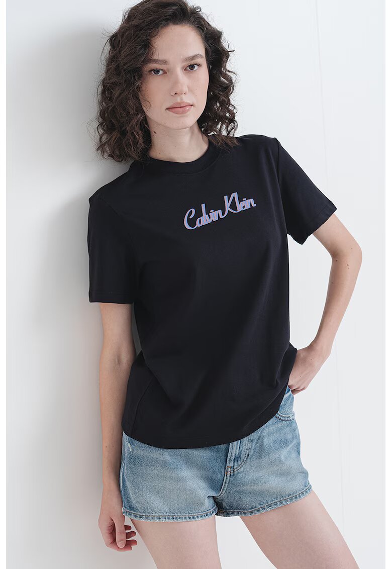 Calvin Klein Jeans Tricou cu decolteu la baza gatului si logo - Negru/Albastru