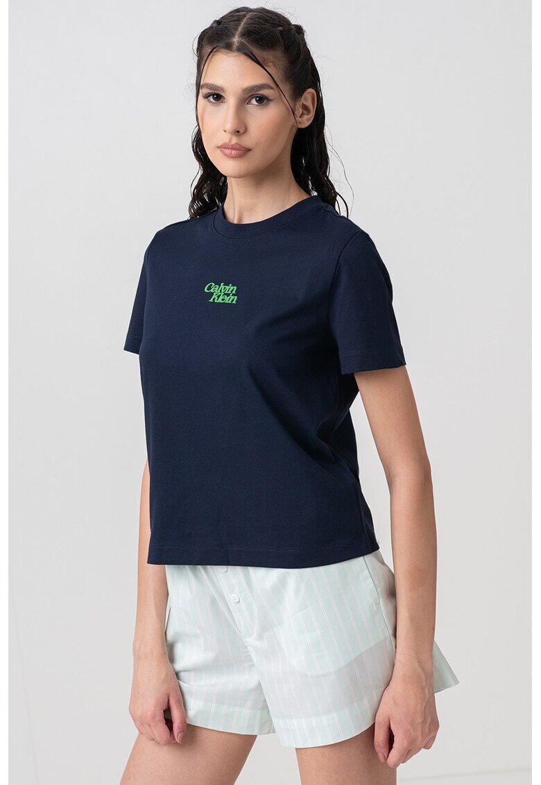 Calvin Klein Jeans Tricou de bumbac cu logo - Verde pal/Bleumarin