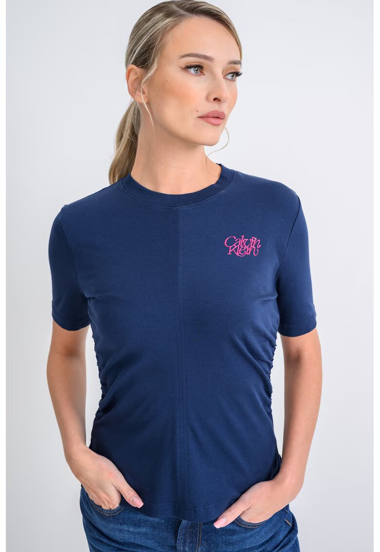 Calvin Klein Jeans Tricou din bumbac cu decolteu la baza gatului si detaliu logo - Bleumarin