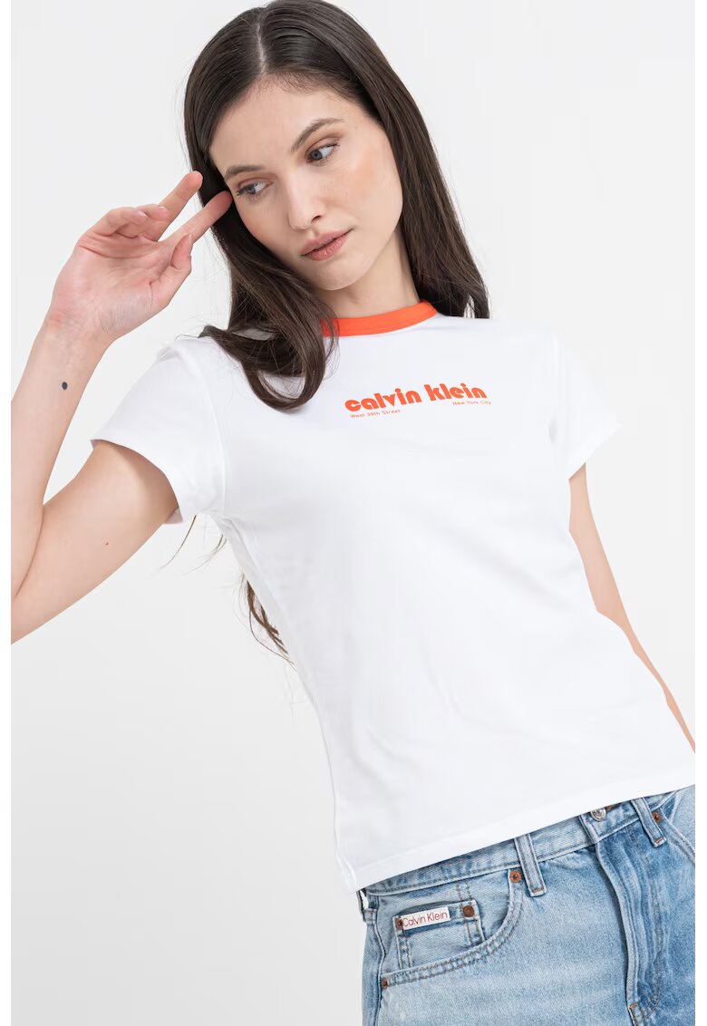 Calvin Klein Jeans Tricou slim fit cu imprimeu logo - Alb/Portocaliu