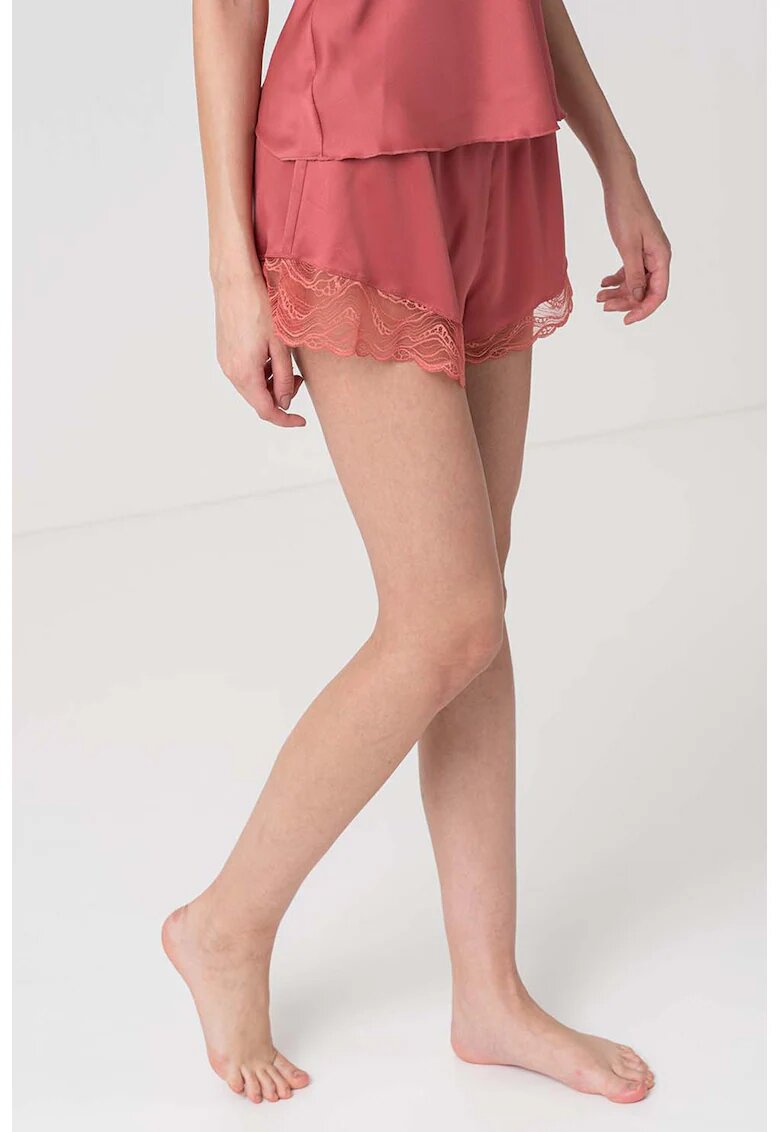 Calvin Klein Pantaloni scurti de pijama de satin cu garnituri de dantela - Rosu