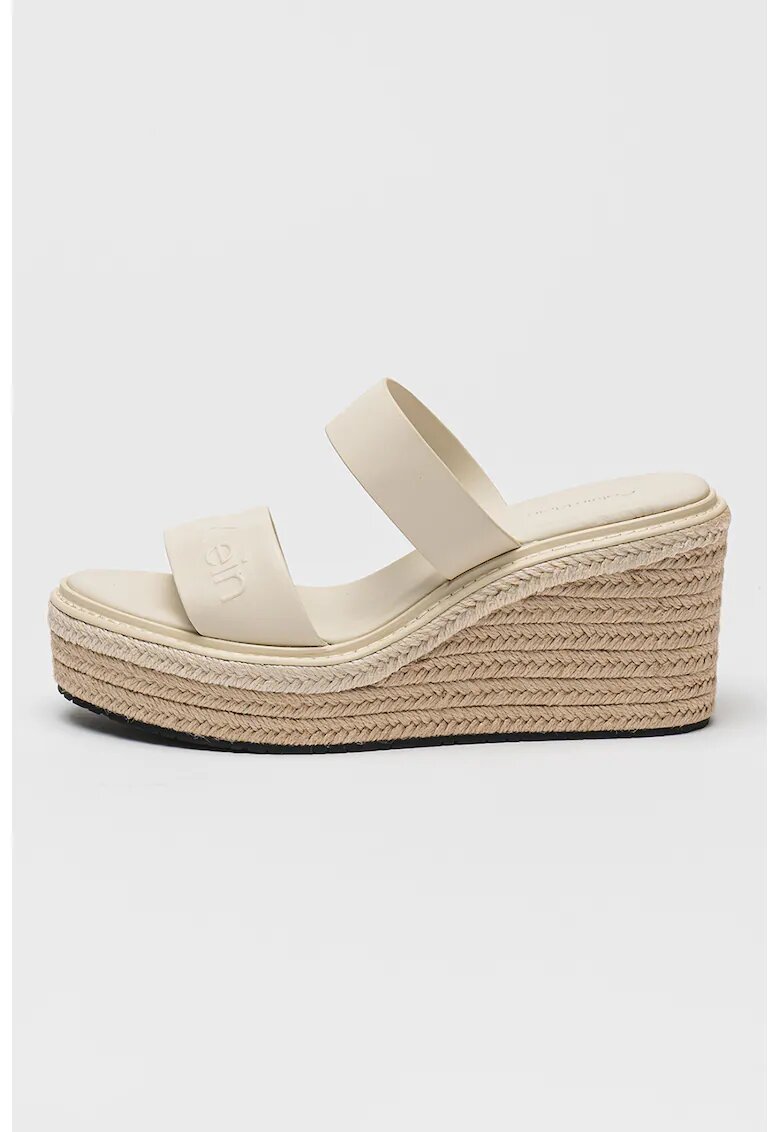 Calvin Klein Papuci din piele cu talpa wedge si detaliu logo - Crem