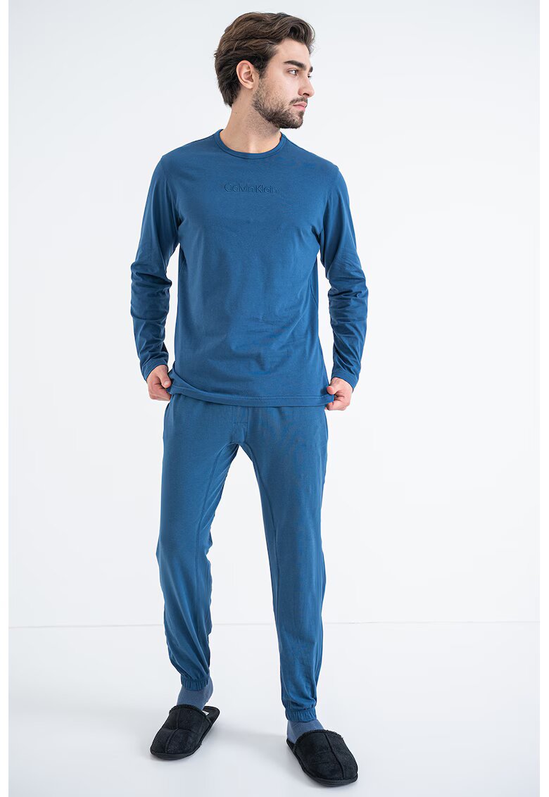 Calvin Klein Pijama de bumbac cu decolteu la baza gatului - Albastru petrol