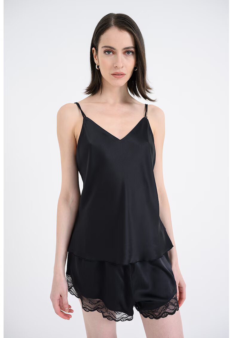 Calvin Klein Pijama de satin cu dantela - Negru
