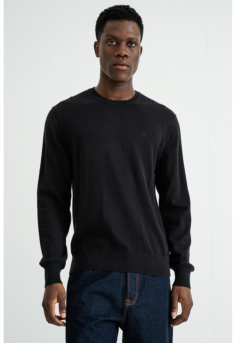 Calvin Klein Pulover cu decolteu la baza gatului si logo discret - Negru stins