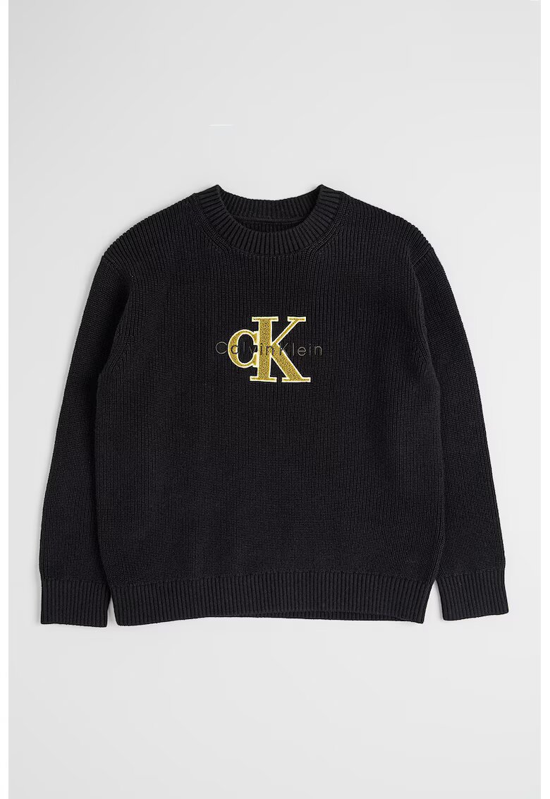 Calvin Klein Pulover din bumbac organic cu decolteu la baza gatului si aplicatie logo contrastanta - Negru