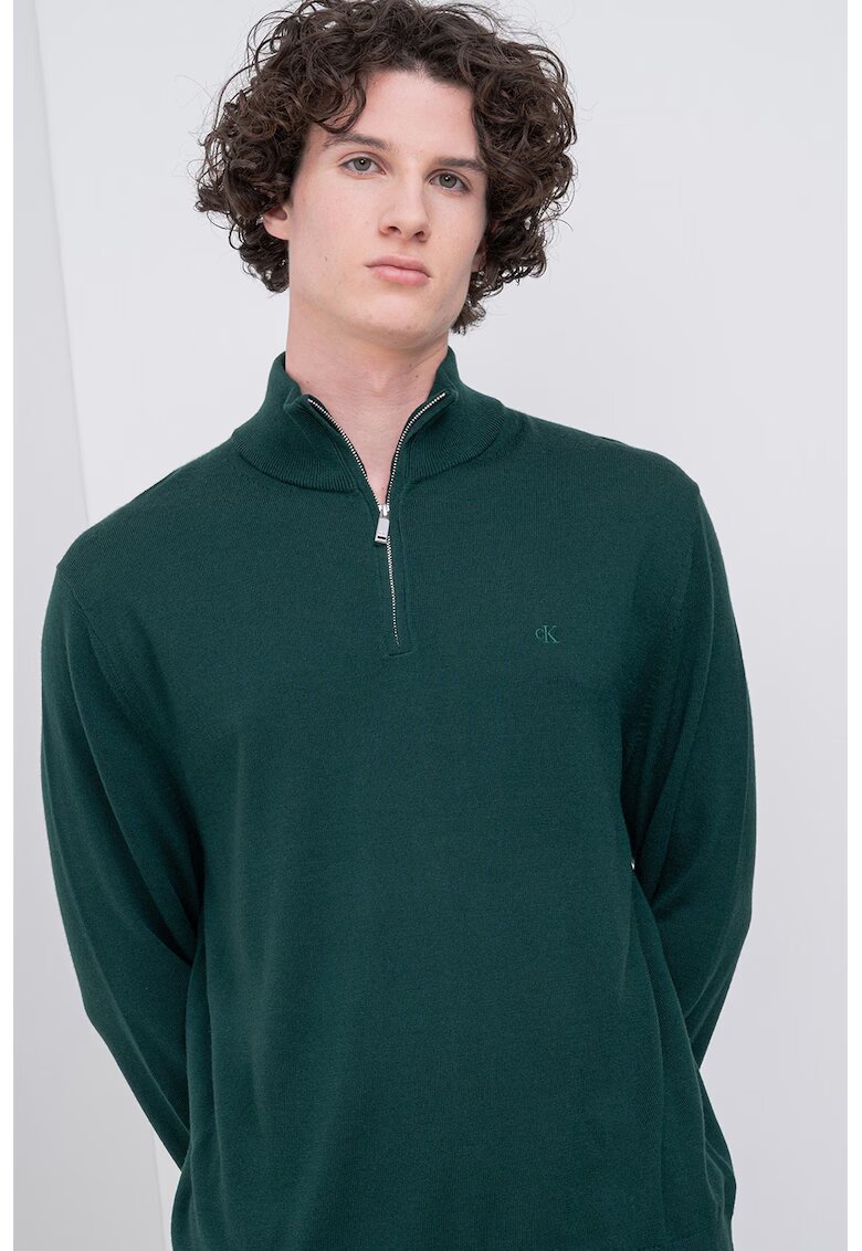 Calvin Klein Pulover din lana Merinos cu fenta cu fermoar - Verde englez
