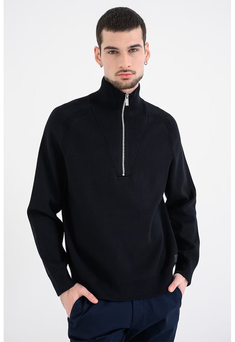 Calvin Klein Pulover striat cu guler inalt si fermoar scurt - Albastru ultramarin