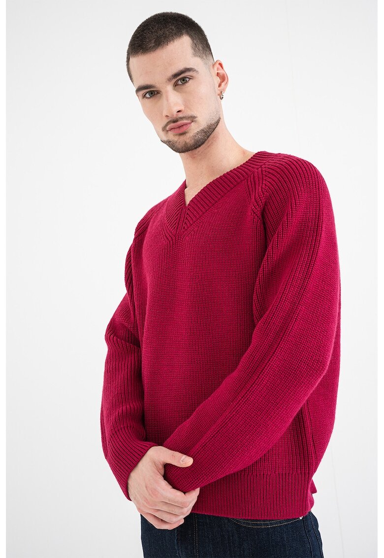 Calvin Klein Pulover striat din amestec de lana cu decolteu in V - Roz aprins
