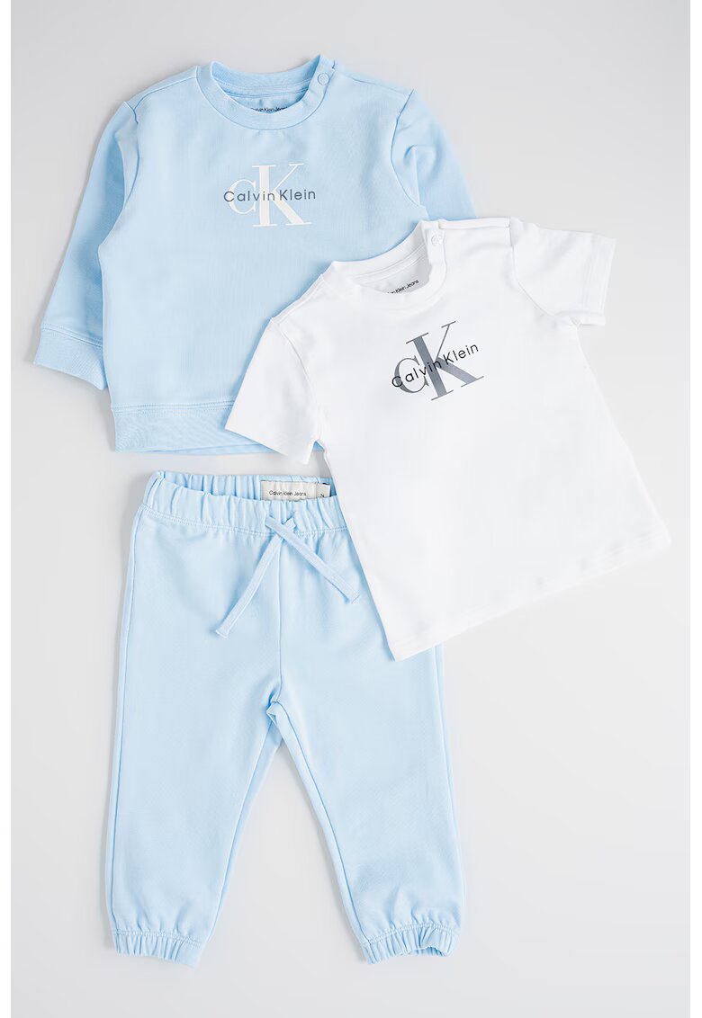 Calvin Klein Set de bluza de trening - tricou si pantaloni de trening din amestec de bumbac organic - 3 piese - Albastru pastel