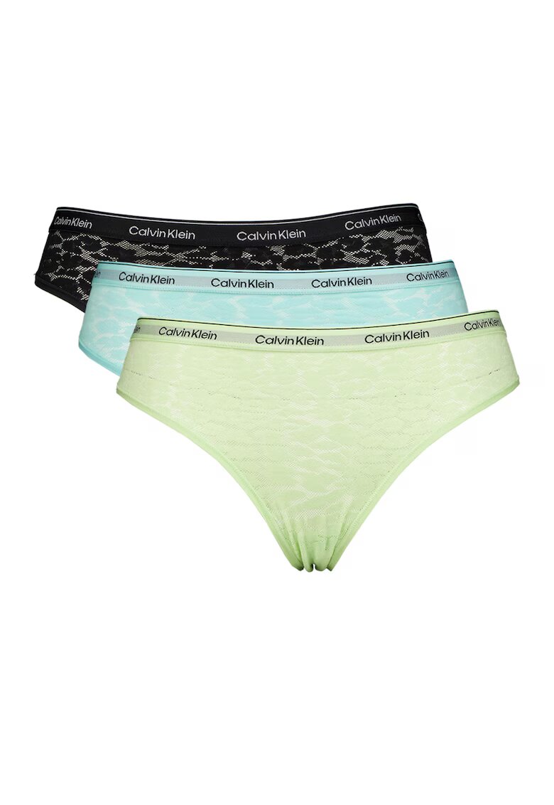 Calvin Klein Set de chiloti de dantela cu model animal print - 3 perechi - Negru/Turcoaz/Verde fistic