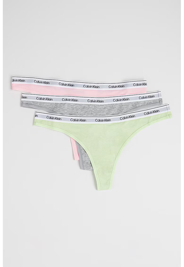 Calvin Klein Set de chiloti tanga cu logo - 3 perechi - Roz pastel/Gri melange/Verde fistic