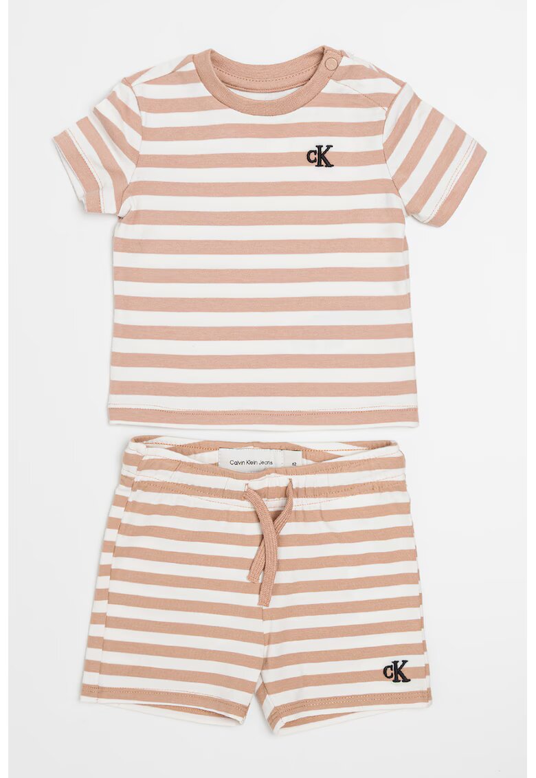 Calvin Klein Set de pantaloni scurti si tricou cu model in dungi - 2 Piese - Maro taupe deschis/Alb murdar