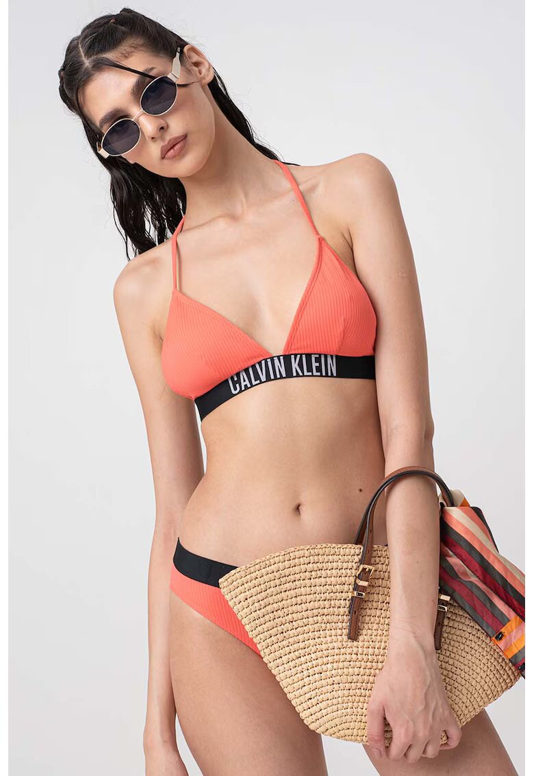 Calvin Klein Sutien de baie triunghiular cu logo - Negru/Coral