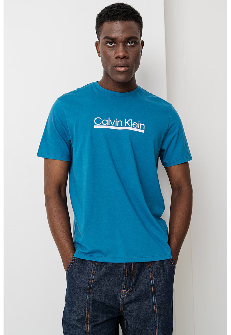 Calvin Klein Tricou cu decolteu la baza gatului si imprimeu logo - Alb optic/Albastru petrol