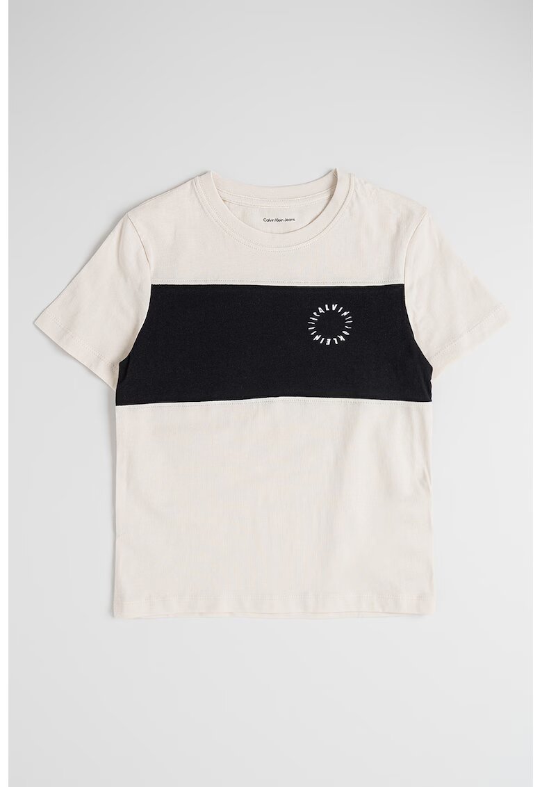 Calvin Klein Tricou de bumbac cu decolteu la baza gatului - Negru/Bej deschis
