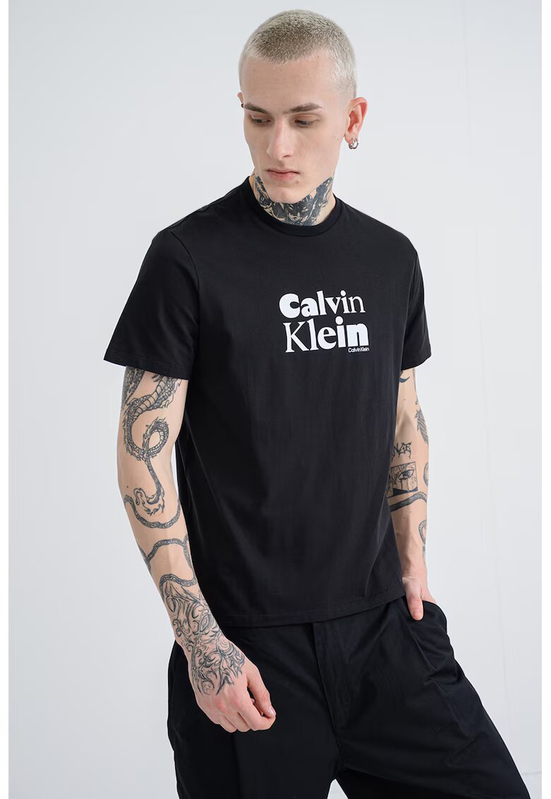 Calvin Klein Tricou regular-fit cu decolteu la baza gatului - Alb/Negru