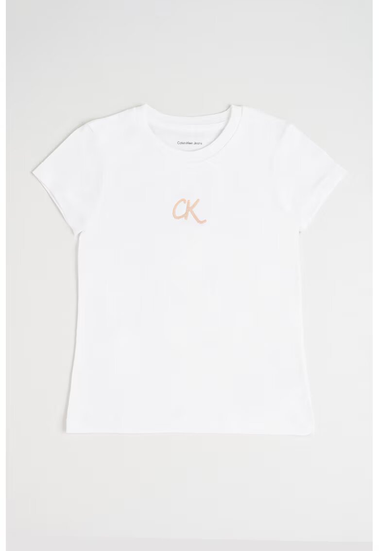 Calvin Klein Tricou slim fit de bumbac - Alb optic/Roz prafuit