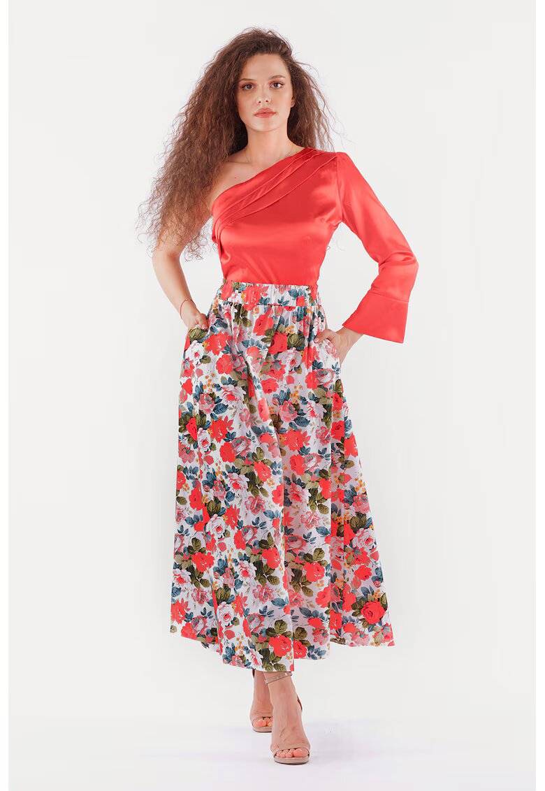 CAMISSI Fusta cu imprimeu si buzunare laterale - Alb/Coral/Albastru