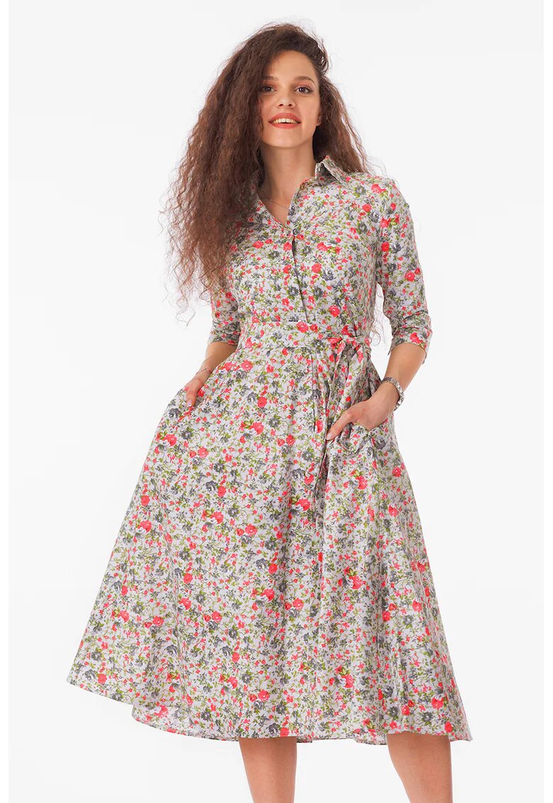 CAMISSI Rochie-camasa evazata cu cordon in talie - Alb/Verde/Coral