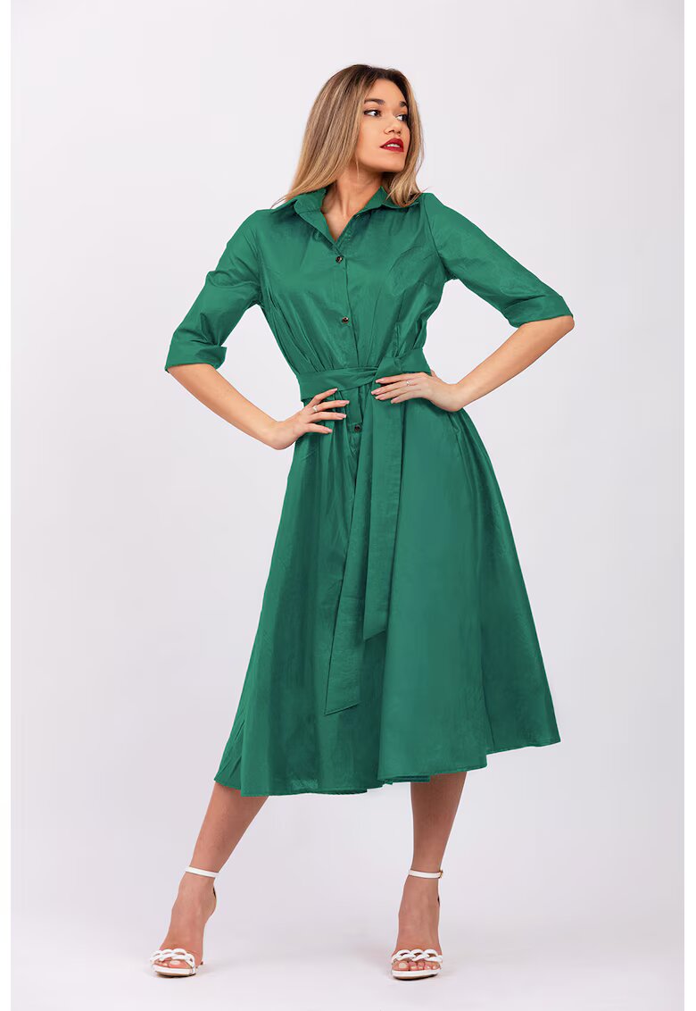 CAMISSI Rochie-camasa evazata cu cordon in talie - Verde aquamarin