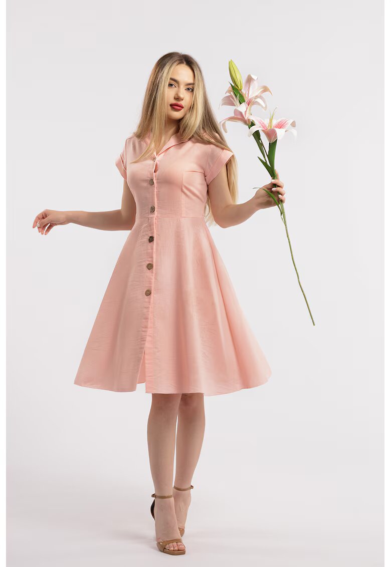 CAMISSI Rochie-camasa evazata din in - Roz pal