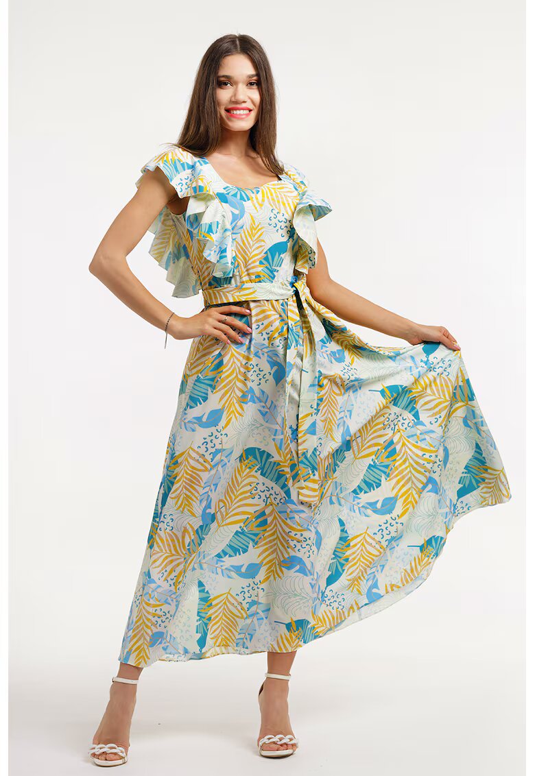 CAMISSI Rochie cu croiala in A - model si cordon in talie - Alb fildes/Turcoaz/Galben mustar