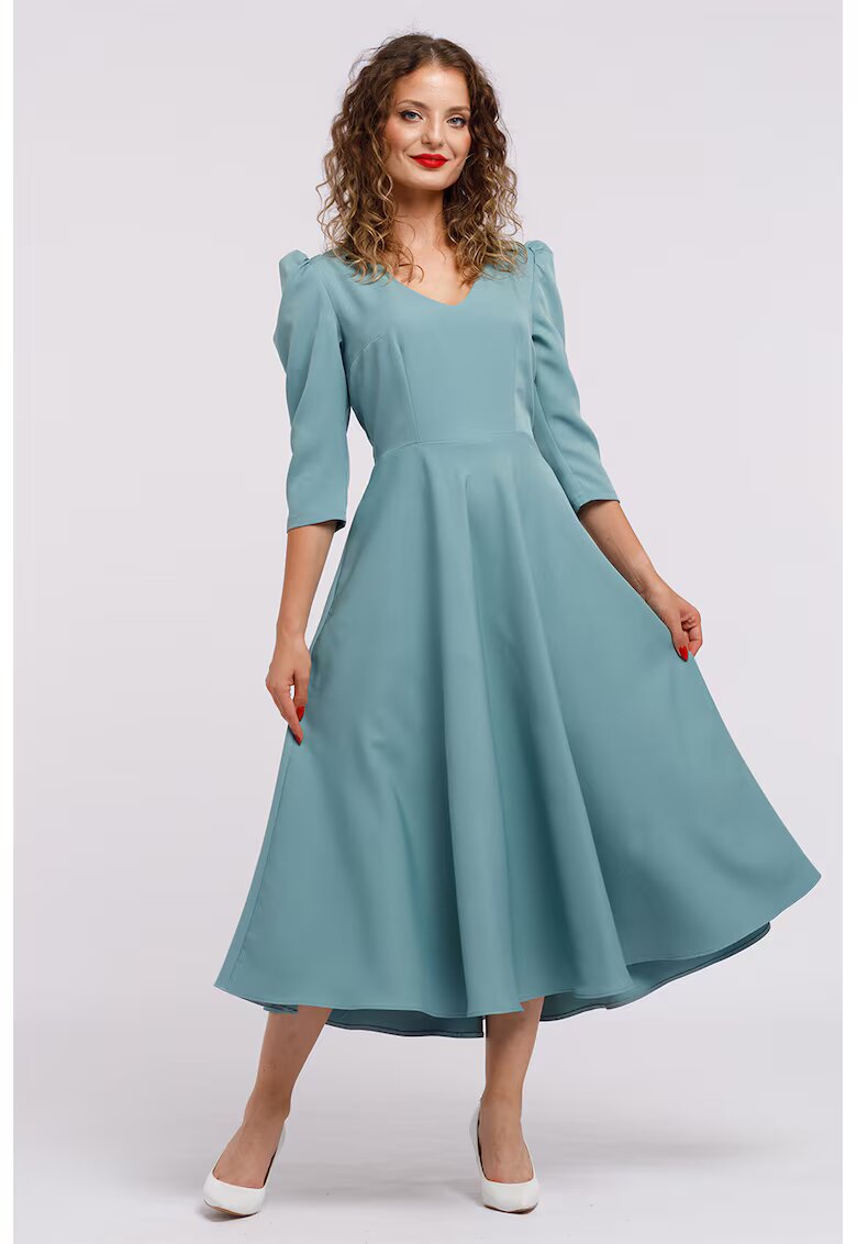 CAMISSI Rochie cu croiala in A si maneci bufante - Albastru petrol
