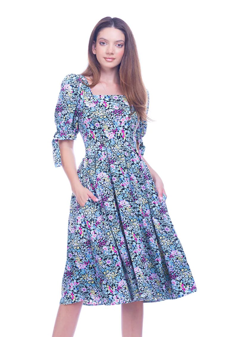 CAMISSI Rochie cu model floral si buzunare laterale - Galben/Roz/Albastru