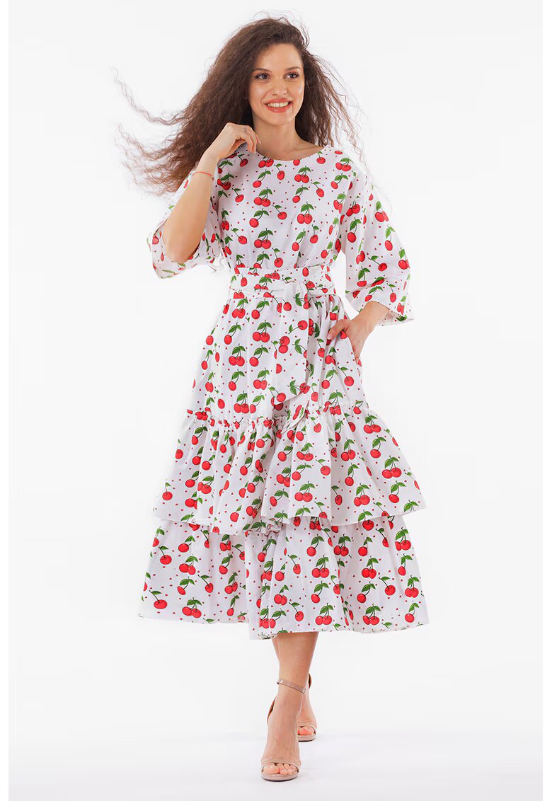 CAMISSI Rochie evazata cu imprimeu cu fructe - Rosu/Alb/Verde