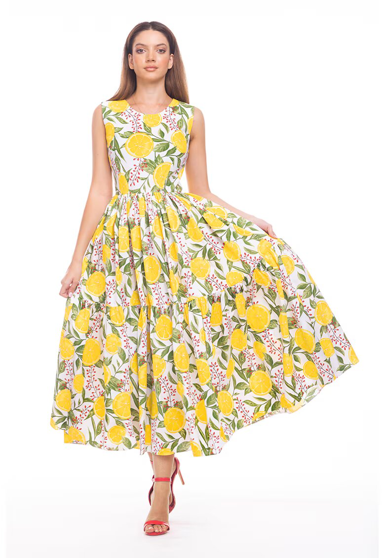 CAMISSI Rochie evazata fara maneci cu buzunare laterale - Rosu/Verde/Galben