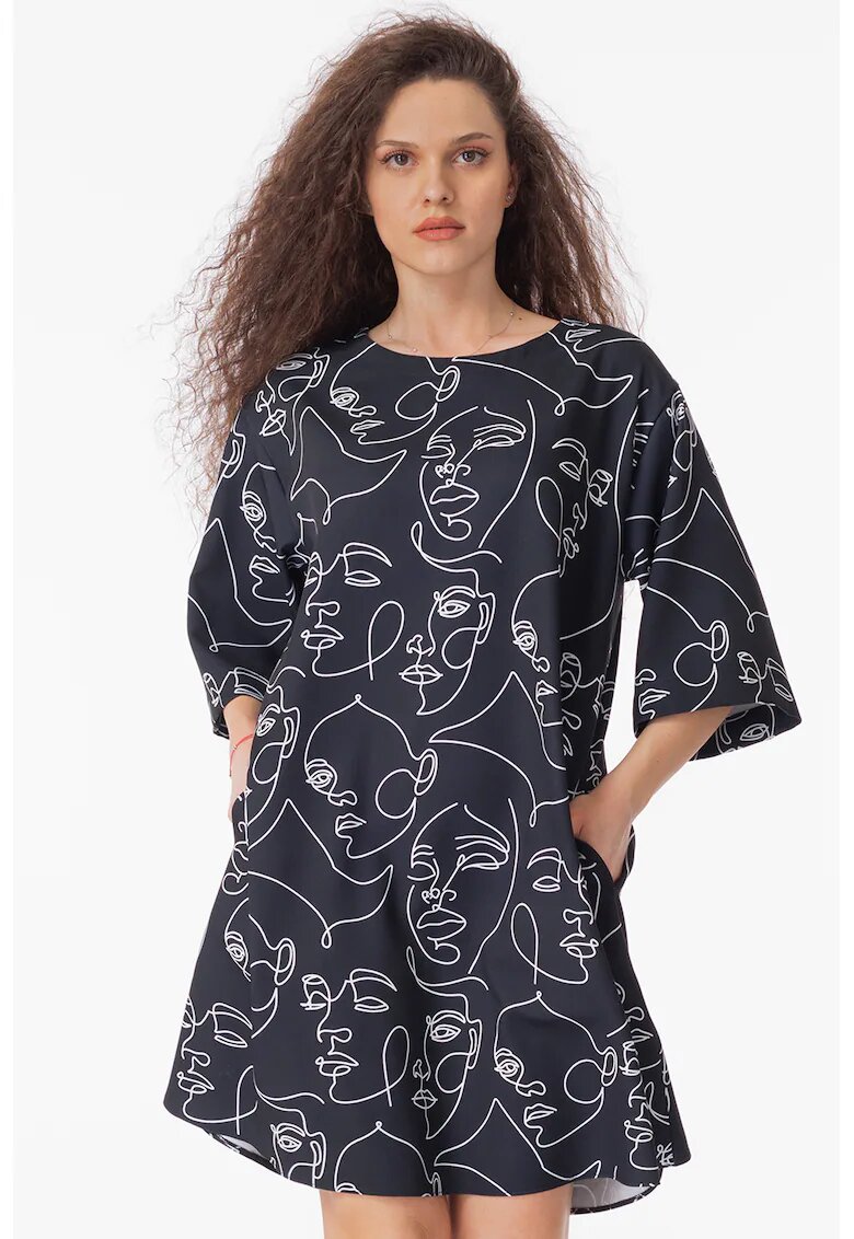 CAMISSI Rochie lejera cu maneci medii - Alb/Negru stins