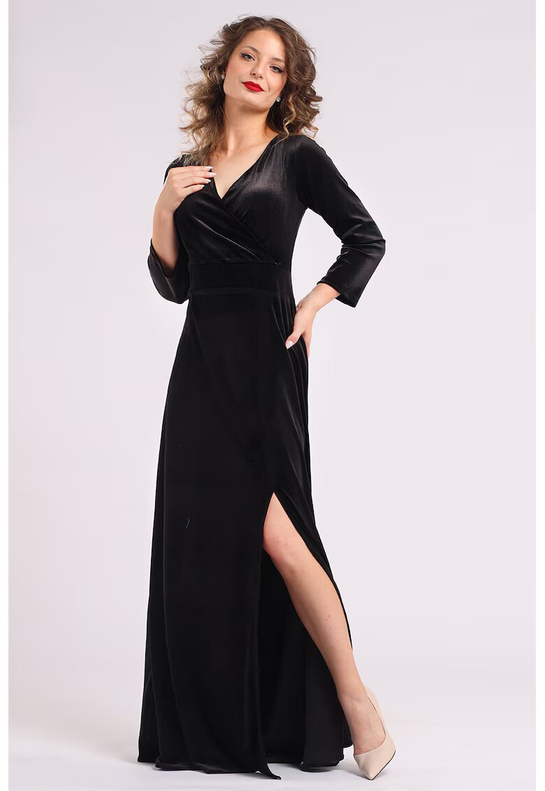 CAMISSI Rochie lunga din catifea cu slit lateral - Negru