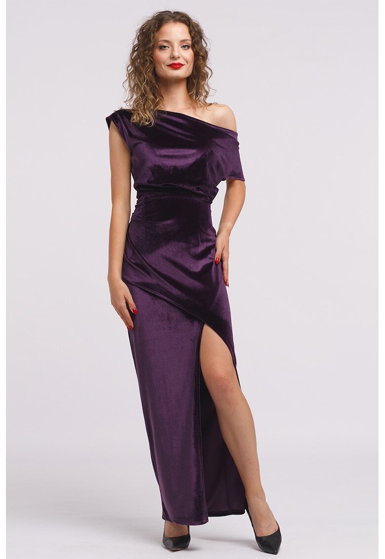 CAMISSI Rochie maxi catifelata cu decolteu pe un umar si slit frontal - Mov inchis