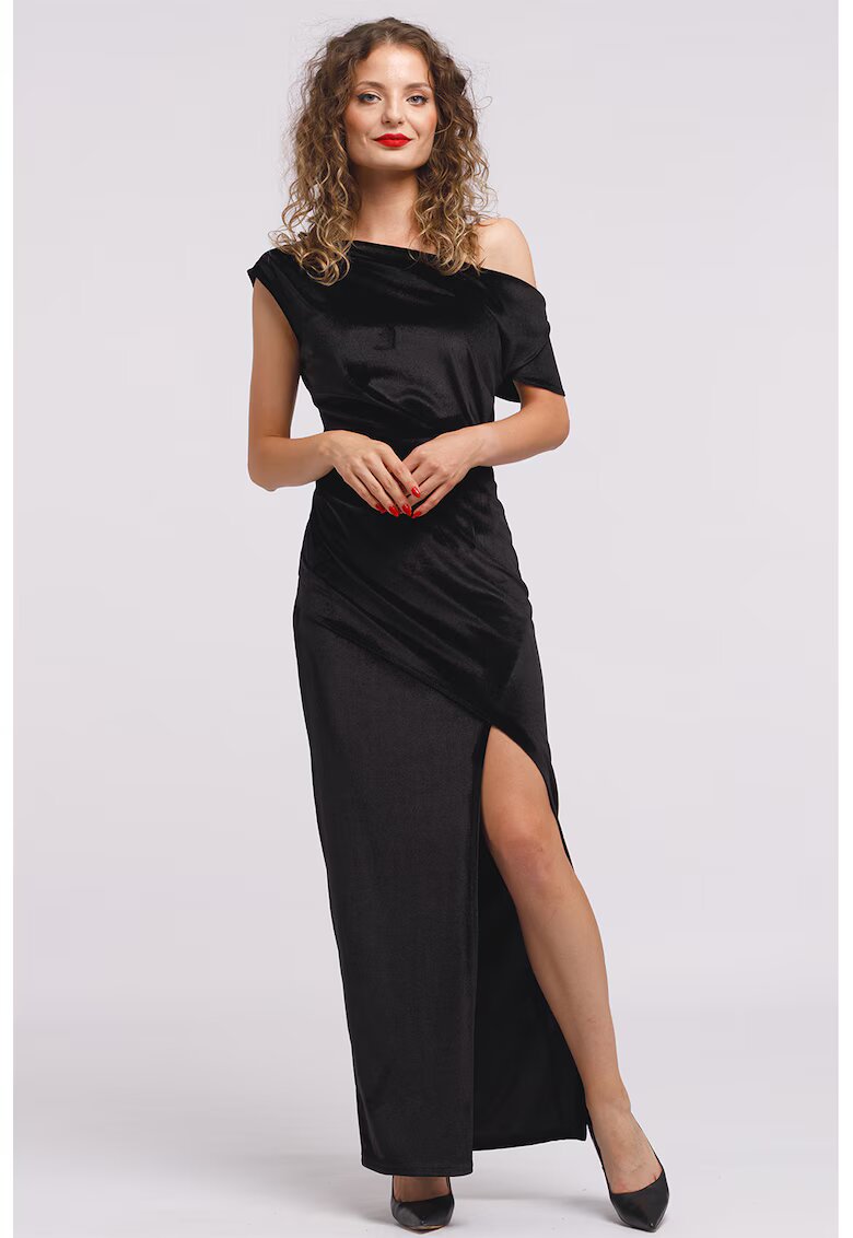 CAMISSI Rochie maxi catifelata cu decolteu pe un umar si slit frontal - Negru
