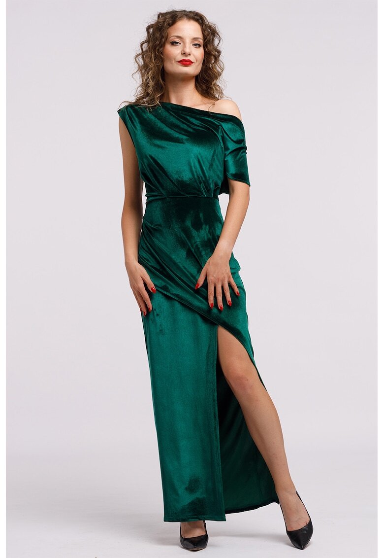 CAMISSI Rochie maxi catifelata cu decolteu pe un umar si slit frontal - Verde englez