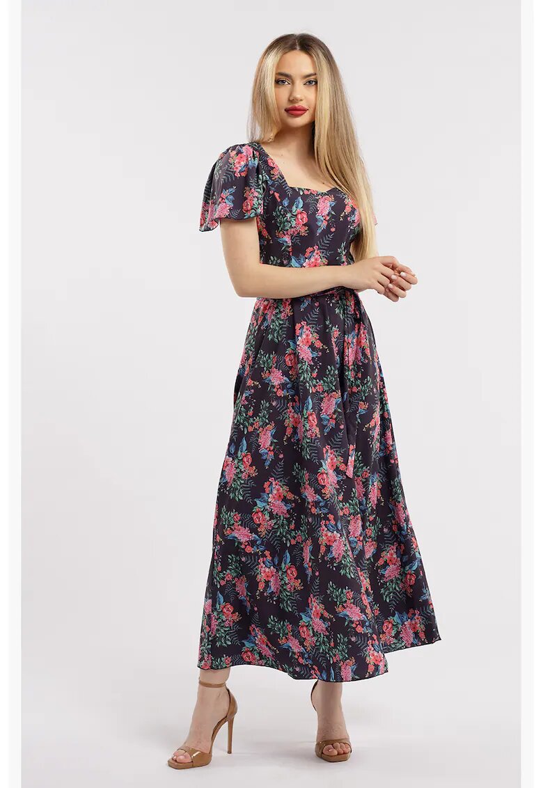 CAMISSI Rochie maxi cu croiala in A si model - Negru/Roz