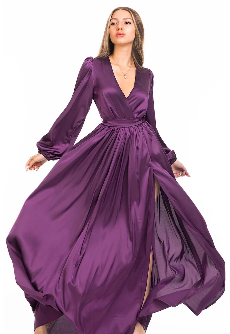CAMISSI Rochie maxi evazata cu slit si model petrecut - Ametist