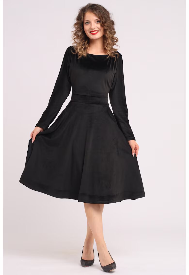 CAMISSI Rochie midi cu aspect de catifea - croiala evazata si buzunare laterale - Negru